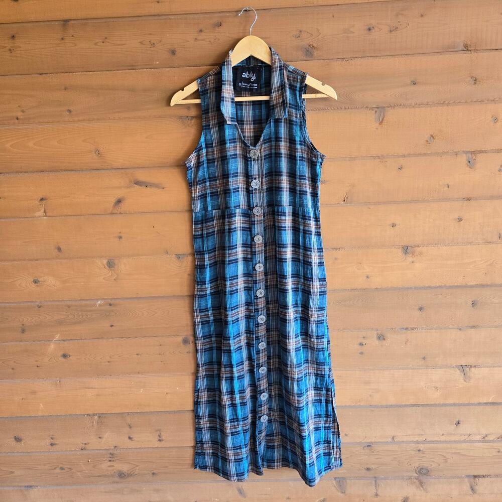 Ably Melody Dress Gauze Tank Top Teal Combo Button Down Small Boho Plaid Cottage - Picture 2 of 6